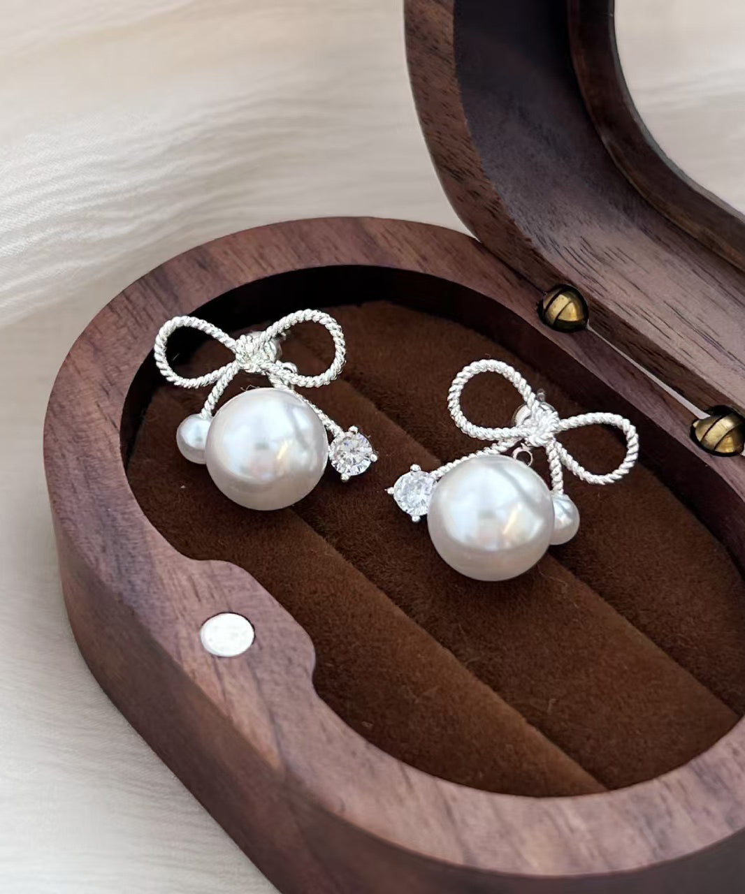 White Sterling Silver Alloy Pearl Bow Drop Earrings