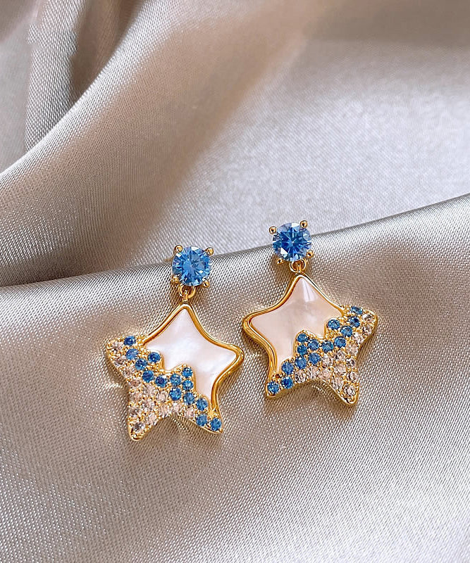Diy Blue Copper Alloy Zircon Starfish Shell Drop Earrings