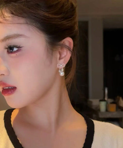 White Sterling Silver Alloy Pearl Bow Drop Earrings
