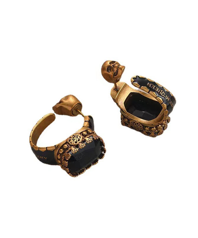 Gold Copper Overgild Gem Stone Skull Hoop Earrings