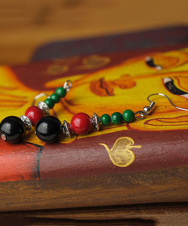 Multi Agate Beads Tibetan Style Silver Drop Earrings