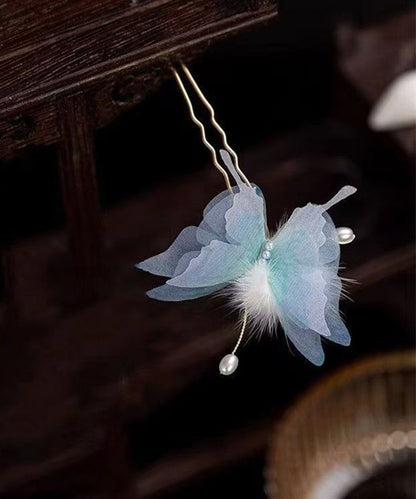 Retro Blue Copper Alloy Pearl Butterfly Fuzzy Ball a Pair Hairpin