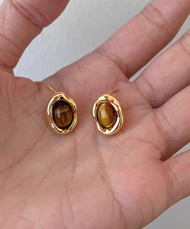 Retro Brown Copper Overgild Tiger's Eye Stud Earrings