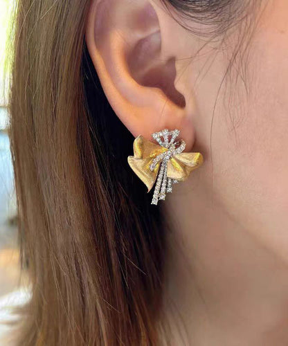 Gold Alloy Asymmetrical Bow Zircon Silk Stud Earrings