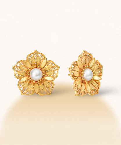 Original Design Gold Sterling Silver Overgild Pearl Hollow Out Stud Earrings