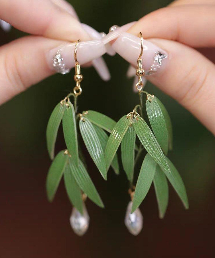 Green Sterling Silver Overgild Pearl Bamboo Leaf Drop Earrings