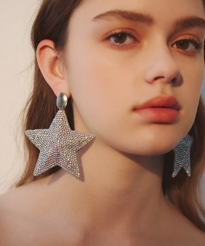 Five Pointed Star Zircon Exaggeration Silver Plated Drop Earrings