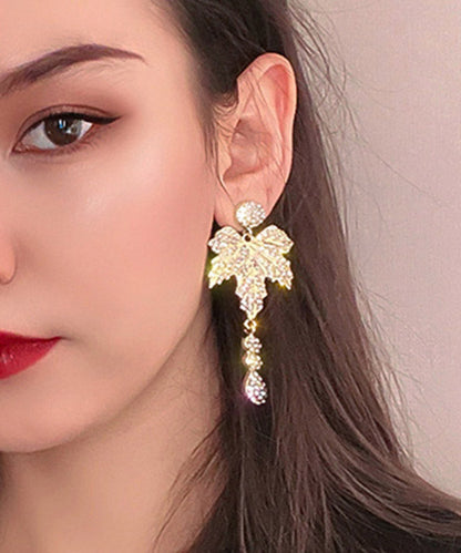 Style Gold Sterling Silver Zircon Maple Leaf Drop Earrings