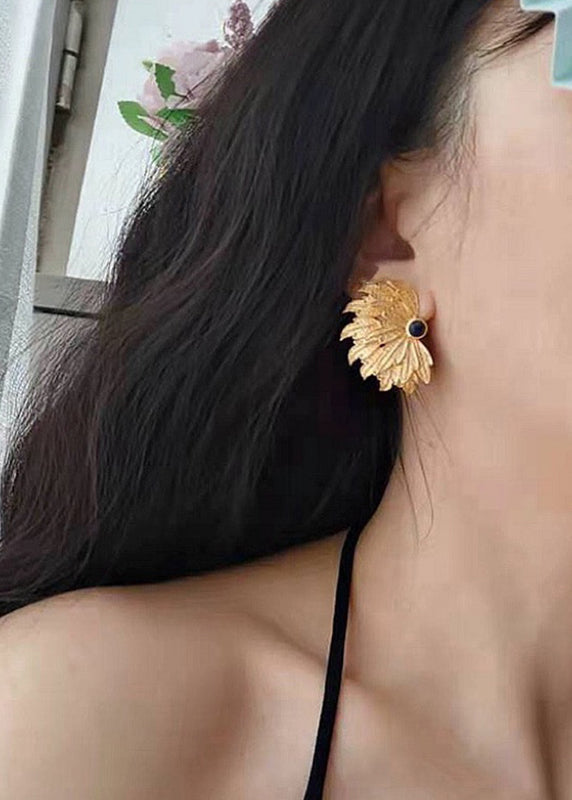 Yellow Copper Overgild Inlaid Gem Stone Stud Earrings