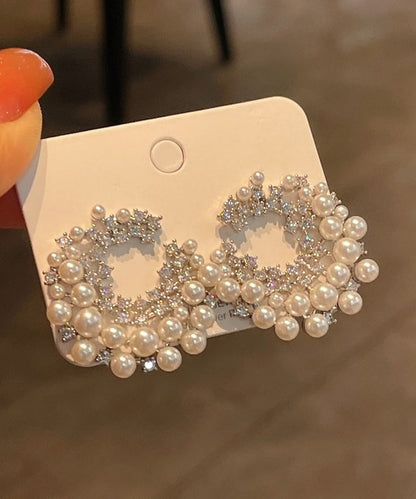 White Sterling Silver Alloy Zircon Pearl Hoop Earrings