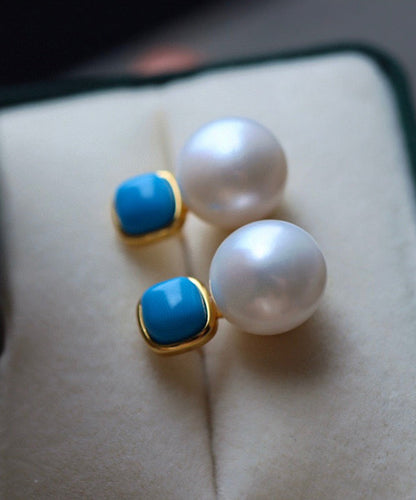 Style Colorblock Sterling Silver Overgild Pearl Turquoise Stud Earrings