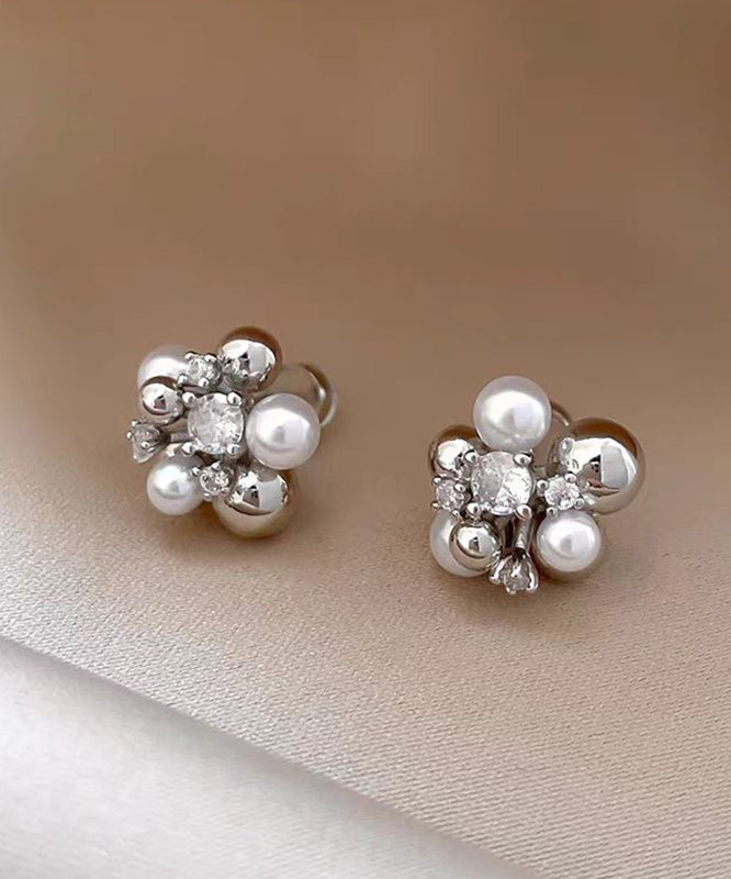 Colorblock Copper Zircon Pearl Stud Earrings