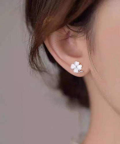 Apricot Alloy Cat's Eye Stone Four-leaf Clover Stud Earrings