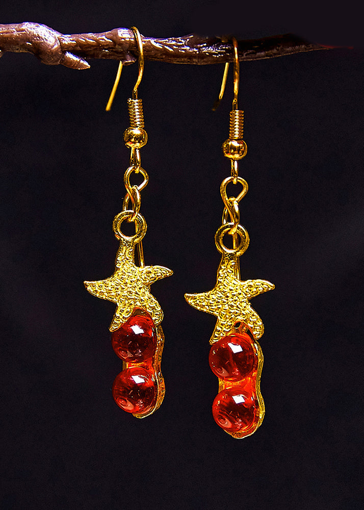 Red Gem Stone Starfish 14k Gold Drop Earrings