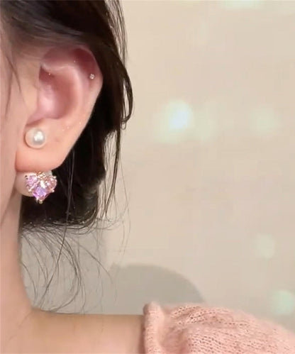 Pink Copper Alloy Zircon Love Pearl Stud Earrings