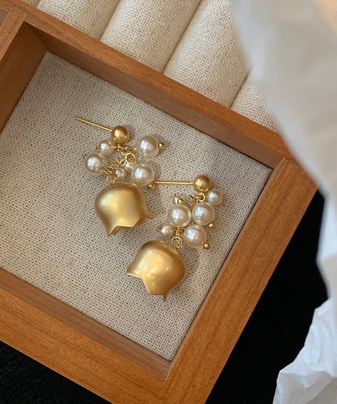 Gold Copper Overgild Pearl Lily of the Valley Tassel Drop Earrings