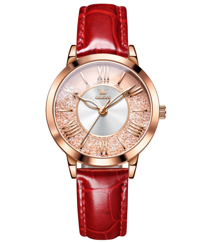 Red Leather Overgild Zircon Quartz Movement Waterproof Leather Watch