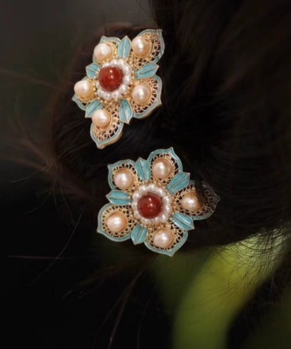 Chinese Style Colorblock Sterling Silver Overgild Pearl Enamel Hairpin