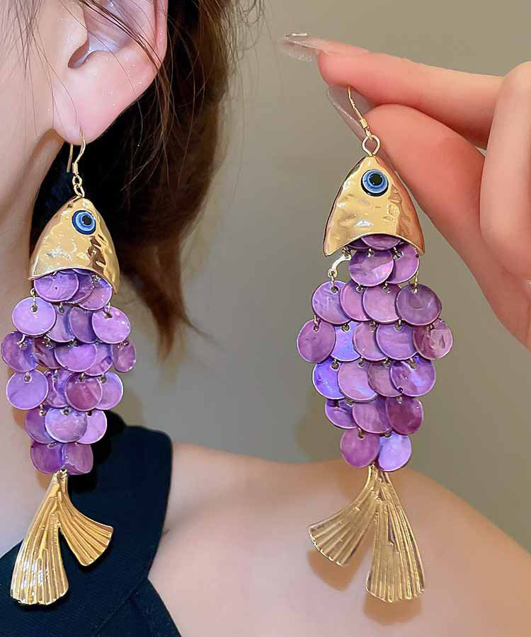 Diy Purple Alloy Shell Sequins Tassel Drop Earrings