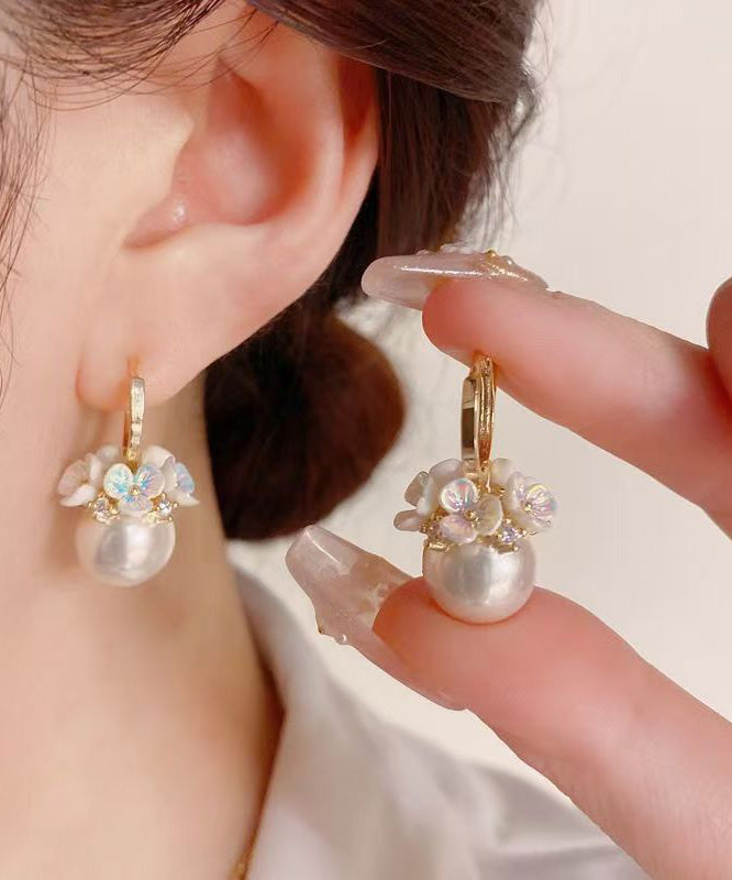 New Gold Copper Alloy Zircon Pearl Hoop Earrings