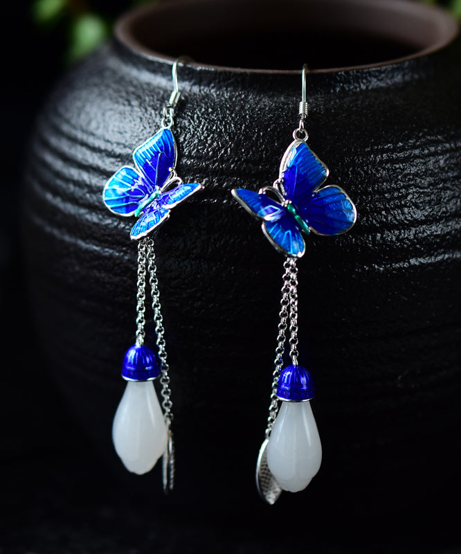 Blue Paitings Silver Gem Stone Drop Earrings
