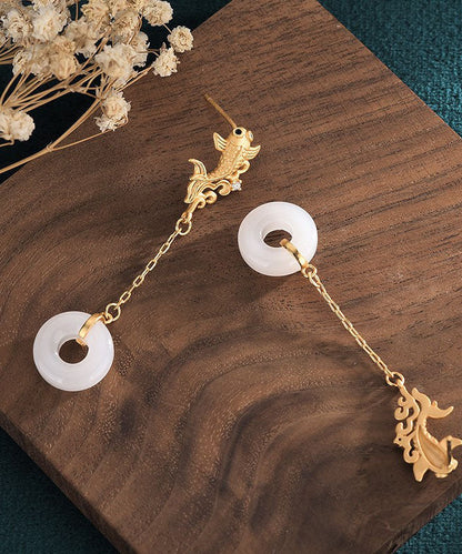 White Sterling Silver Overgild Jade Goldfish Drop Earrings