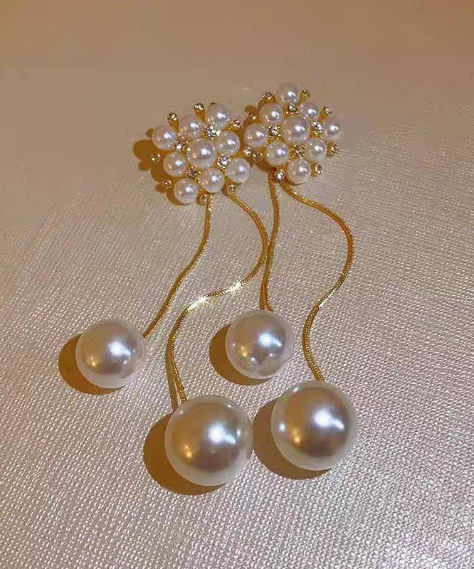 Stylish Gold Copper Overgild Zircon Pearl Tassel Drop Earrings