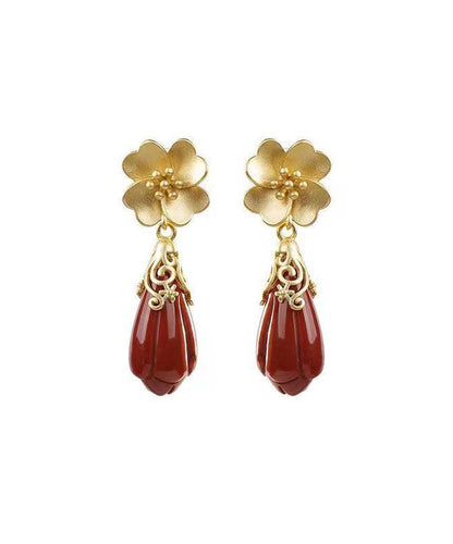 Diy Red Ancient Silver Inlaid Agate Drop Earrings