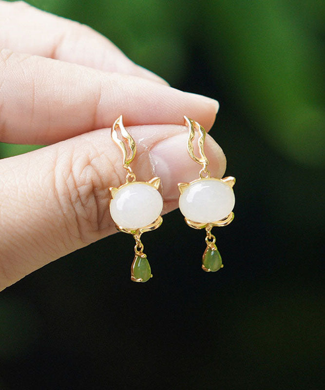 White Sterling Silver Overgild Jade Drop Earrings