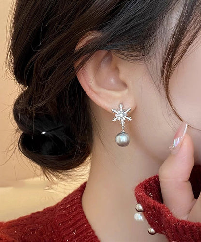 Boutique Grey Copper Overgild Pearl Snowflake Drop Earrings