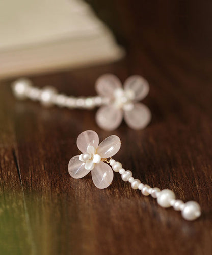 Pink Weave Crystal Pearl Tassel Drop Earrings