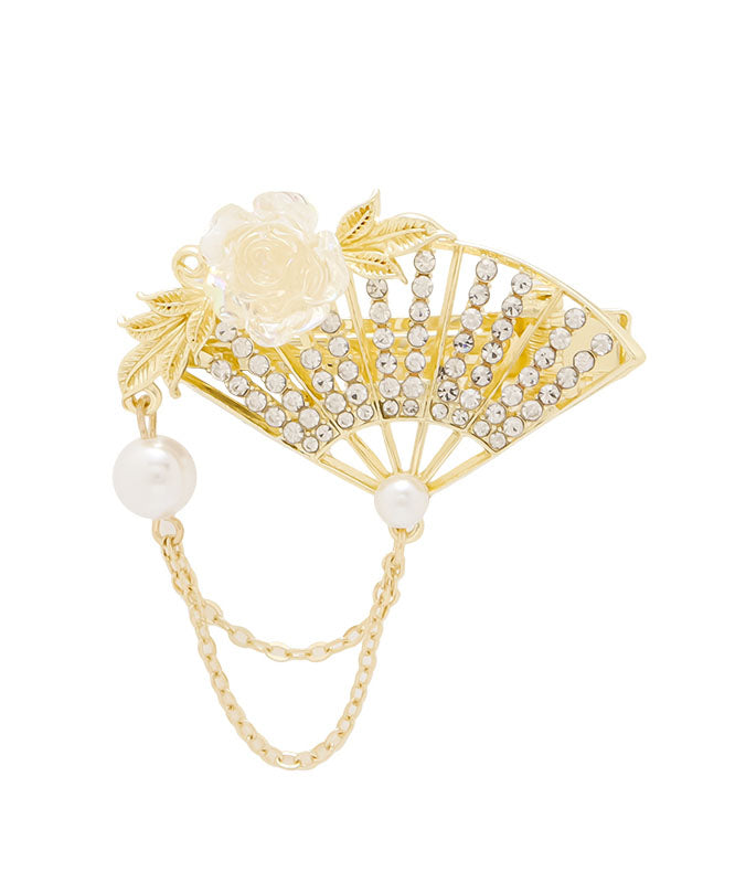 Golden Yellow Alloy Crystal Pearl Fan Tassel Duck Mouth Hairpin