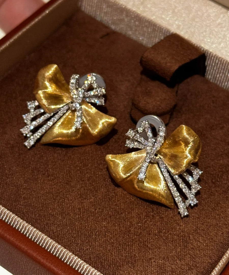 Gold Alloy Asymmetrical Bow Zircon Silk Stud Earrings