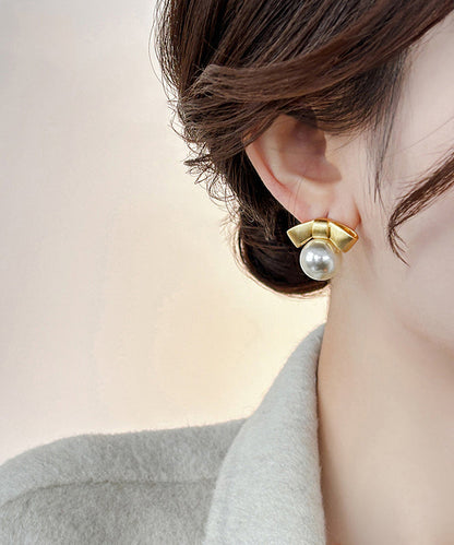 Gold Alloy Pearl Bow Stud Earrings