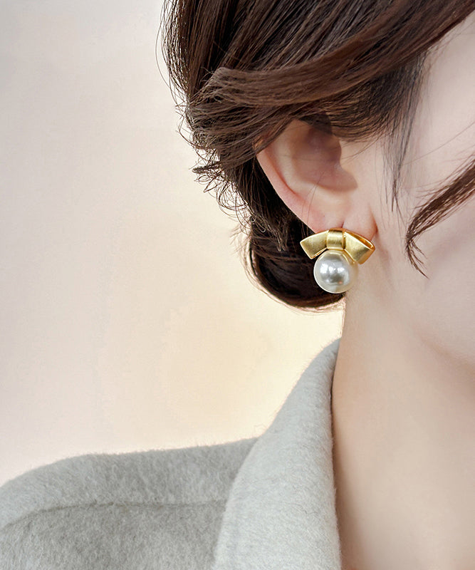 Gold Alloy Pearl Bow Stud Earrings