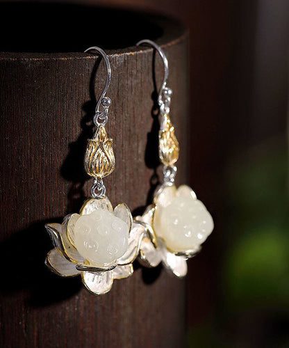 White Sterling Silver Jade Lotus Drop Earrings