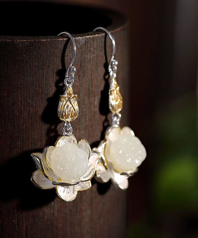 White Sterling Silver Jade Lotus Drop Earrings