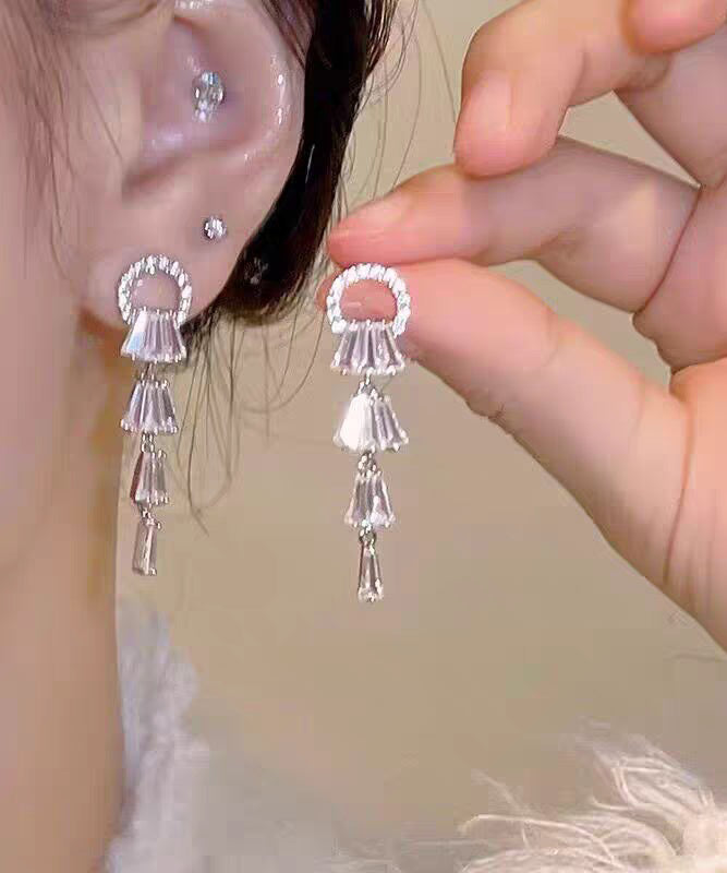 White Alloy Zircon Tassel Drop Earrings