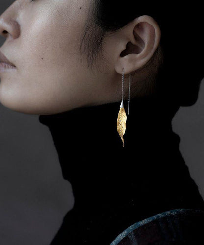 Simple Gold Sterling Silver Overgild Leaf Drop Earrings