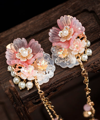 Pink Copper Alloy Pearl Resin Chain Peony Hairpin