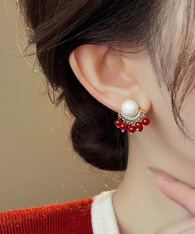 Original Design Colorblock Alloy Zircon Pearl Tassel Stud Earrings