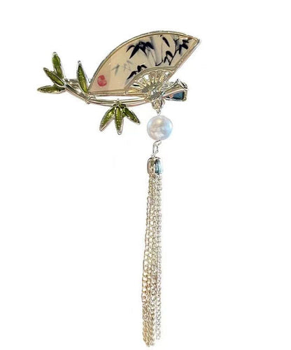 Chinese Style Alloy Pearl Bamboo Leaf Fan-shaped Tassel Hairpin