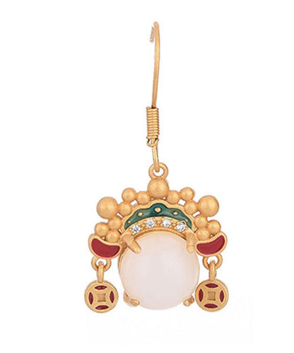 Yellow Ancient Gold Inlaid Zircon Pearl Dao Ma Dan Face Mask Drop Earrings