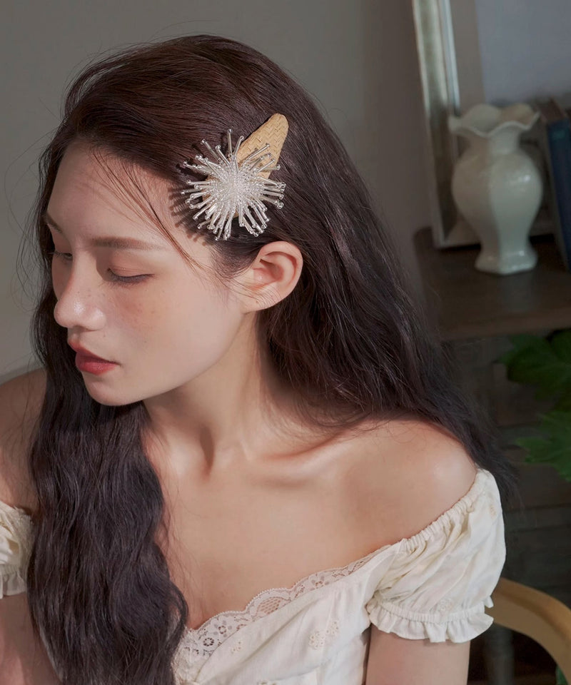 Handmade Yellow Alloy Straw Weaving Crystal Suede Fireworks a Pair Hairpin