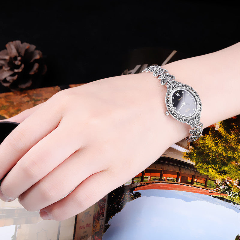 Silk Sterling Silver Inlaid Butterfly Tempered Glass Wrist Watch