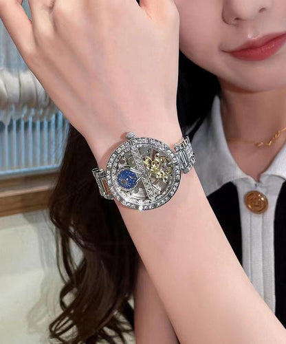 White Stainless Steel Zircon Tempered Glass Watch