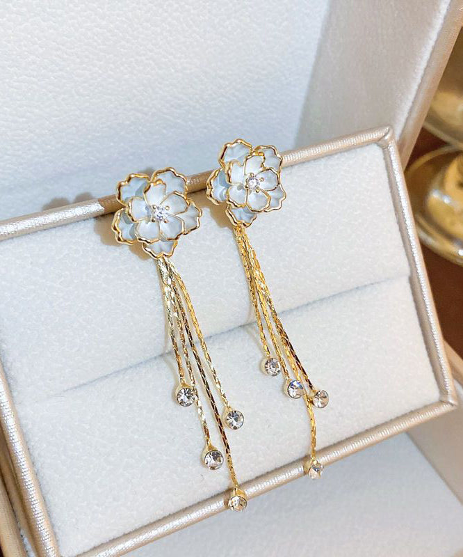 Gold Copper Alloy Zircon Camellia Tassel Drop Earrings