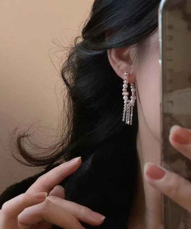 White Copper Silver Plating Pearl Tassel Drop Earrings