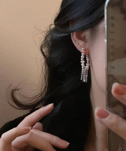 White Copper Silver Plating Pearl Tassel Drop Earrings