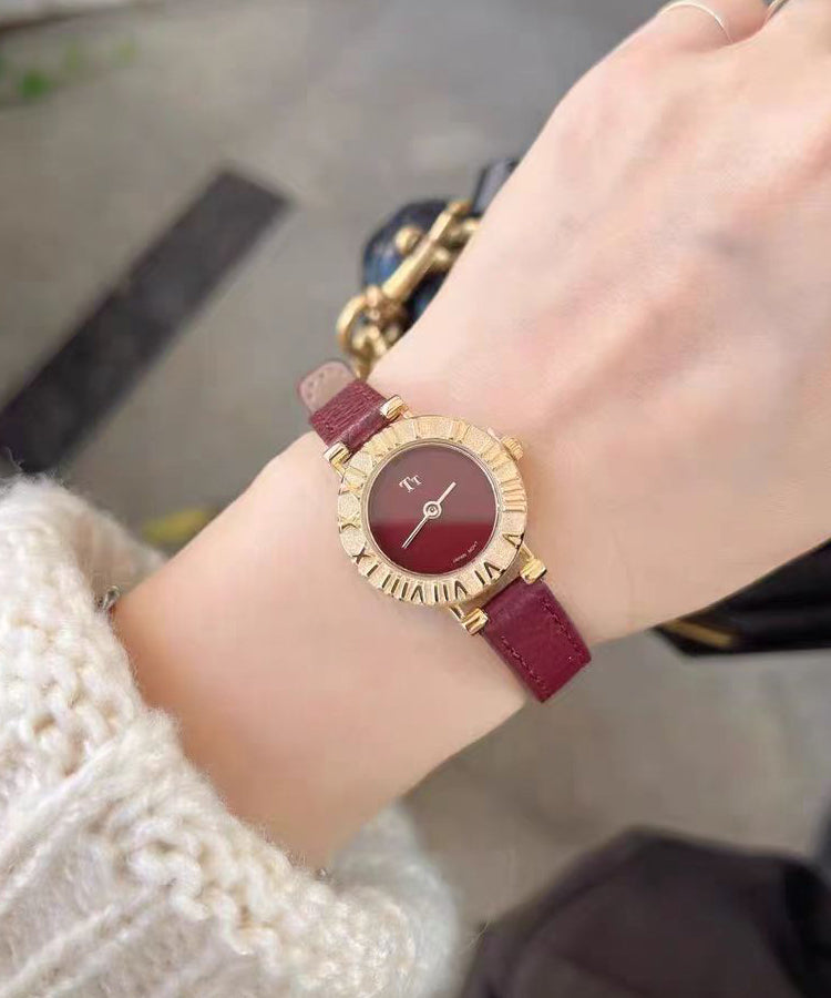 Red Stainless Steel Leather Hardlex Crystal Watches